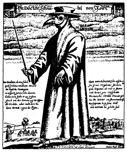 Rycina z 1656 roku przedstawiająca lekarza w ptasiej masce i kapeluszu.